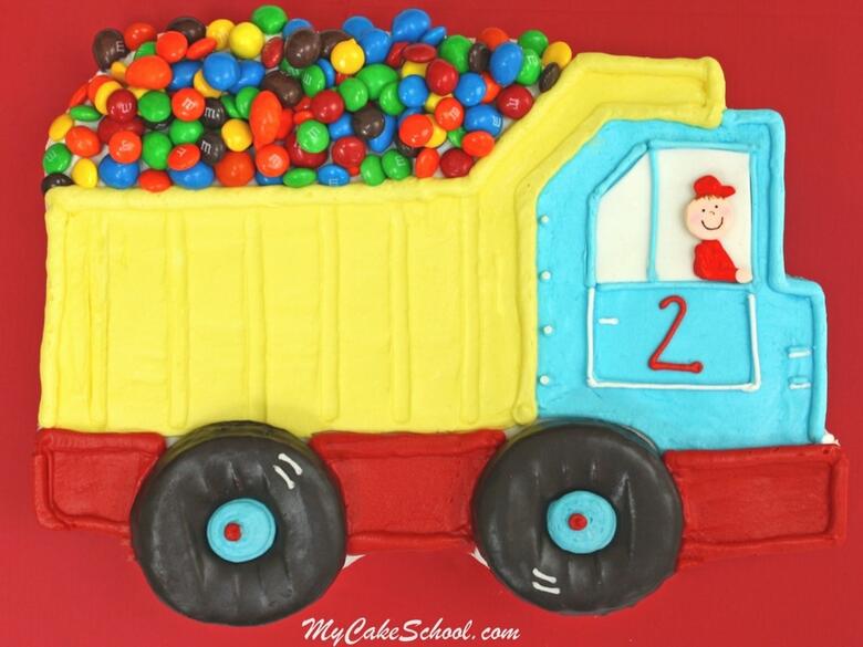 Easy Dump Truck Sheet Cake Tutorial by MyCakeSchool.com! Perfect for children's birthday parties! My Cake School Online Cake Tutorials, Cake Recipes, and More!