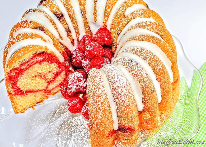 Moist and flavorful Lemon Raspberry Swirl Pound Cake Recipe by MyCakeSchool.com!