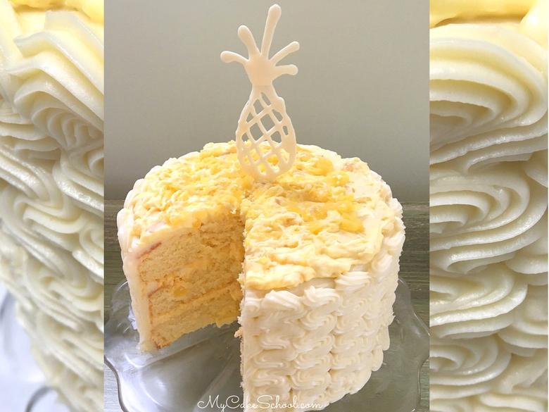 The BEST Pineapple Cake Recipe from Scratch! Yellow Cake Layers with Pineapple & Cream Filling and Cream Cheese Frosting! MyCakeSchool.com.