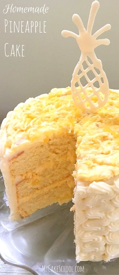 Amazing Homemade Pineapple Cake Recipe! Moist Yellow Cake Layers with Pineapple & Cream Filling and Cream Cheese Frosting. MyCakeSchool.com.