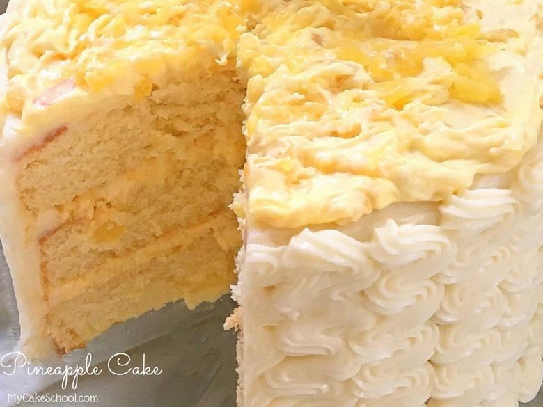 AMAZING Pineapple Cake! Moist yellow cake layers with pineapple and cream filling and cream cheese frosting! Recipe by MyCakeSchool.com!