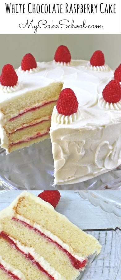 This Homemade White Chocolate Raspberry Cake is the BEST! Ultra moist and flavorful with white chocolate cake layers, raspberry filling, and white chocolate buttercream frosting! MyCakeSchool.com