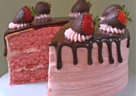 Moist and Delicious Chocolate Covered Strawberry Cake Recipe by MyCakeSchool.com! Homemade strawberry cake layers with ganache and strawberry buttercream!
