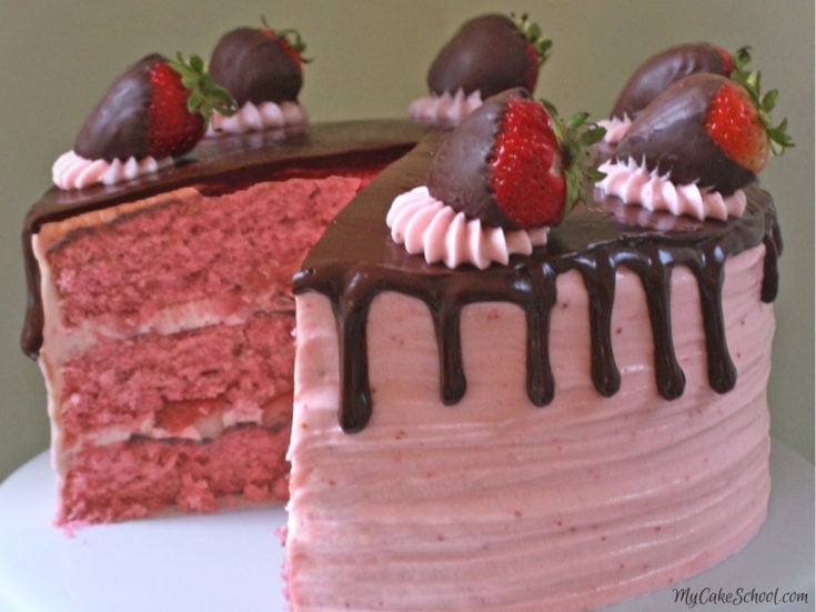 Moist and Delicious Chocolate Covered Strawberry Cake Recipe by MyCakeSchool.com! Homemade strawberry cake layers with ganache and strawberry buttercream!