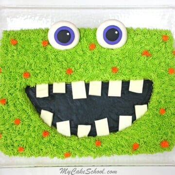 Free Monster Sheet Cake Tutorial by MyCakeSchool.com! So fun, and perfect for Halloween parties and Kids' Birthdays!