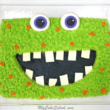 Free Monster Sheet Cake Tutorial by MyCakeSchool.com! So fun, and perfect for Halloween parties and Kids' Birthdays!