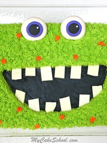 Free Monster Sheet Cake Tutorial by MyCakeSchool.com! So fun, and perfect for Halloween parties and Kids' Birthdays!