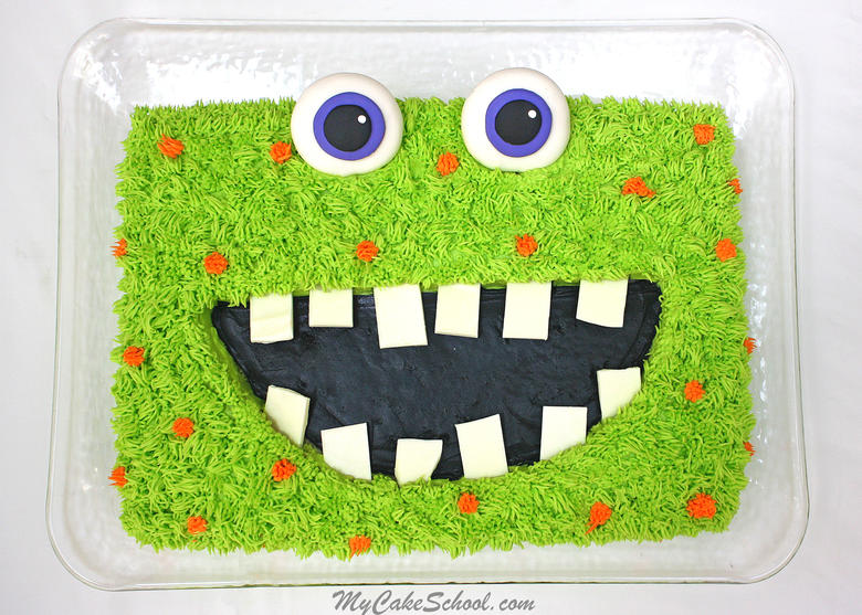 Free Monster Sheet Cake Tutorial by MyCakeSchool.com! So fun, and perfect for Halloween parties and Kids' Birthdays!