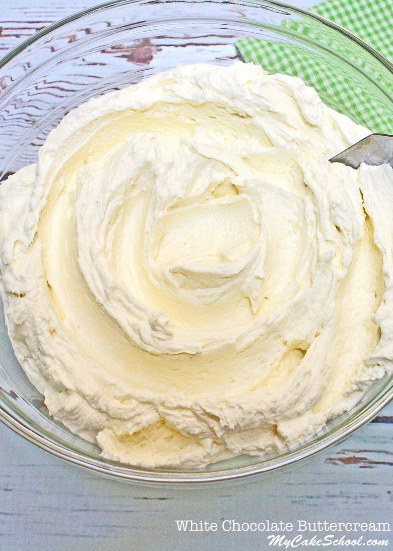 Delicious White Chocolate Buttercream in a glass bowl.
