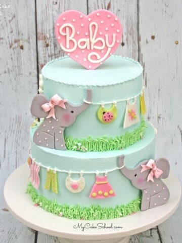 Sweet Elephant and Clothesline Cake Video Tutorial by MyCakeSchool.com! Perfect for baby showers!