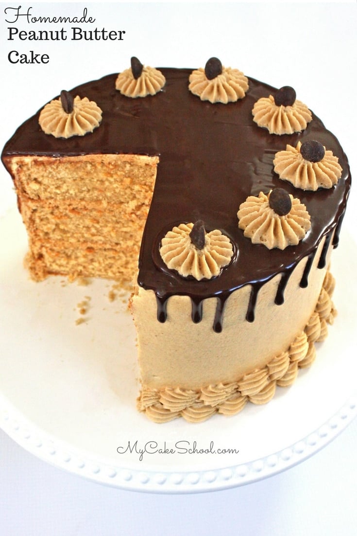 The BEST scratch Peanut Butter Cake Recipe with a beautiful ganache drip! From MyCakeSchool.com's collection of favorite cake and frosting recipes! The BEST Scratch Peanut Butter Cake Recipe