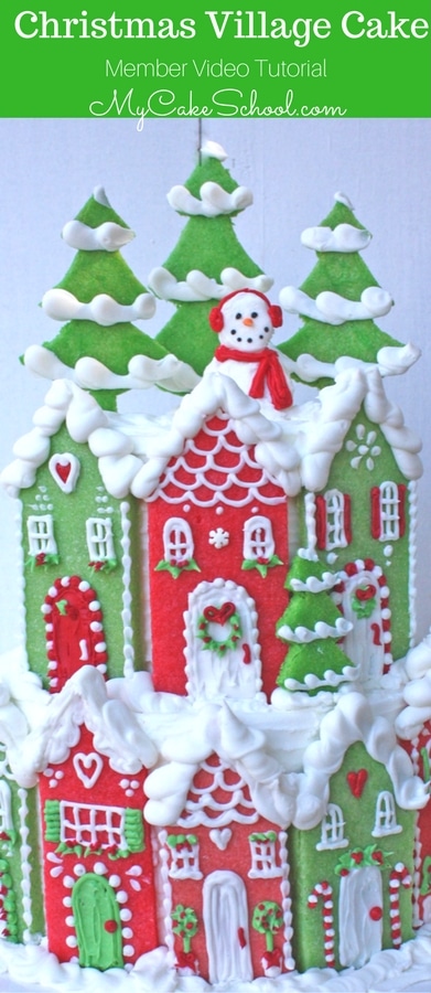 Gorgeous Christmas Village Cake- Member Cake Video Tutorial by MyCakeSchool.com! Perfect for Christmas and winter parties!