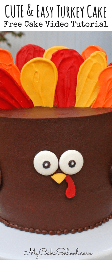 Cute and EASY Free Turkey Cake Video Tutorial by MyCakeSchool.com! Perfect for Thanksgiving & any skill level of cake decorating. Featuring buttercream and chocolate decorations. Free Turkey Cake Video Tutorial by MyCakeSchool.com! This cute Turkey Cake is SO easy to make, and is perfect for Thanksgiving gatherings!