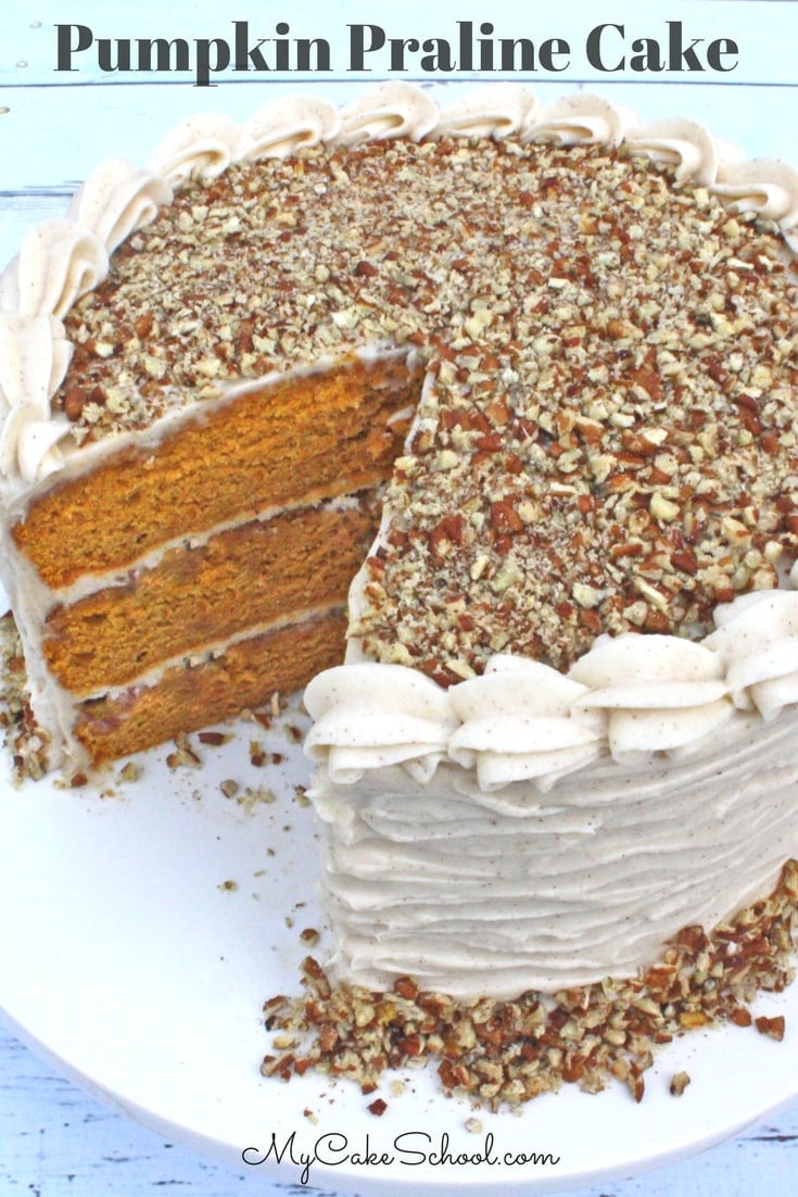 Moist and Delicious Pumpkin Praline Cake with Spiced Cream Cheese Frosting by MyCakeSchool.com. Perfect for fall and Thanksgiving!