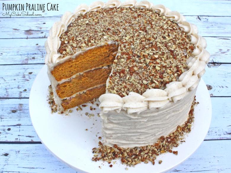 Moist and Delicious Pumpkin Praline Cake with Spiced Cream Cheese Frosting. The most AMAZING cake recipe for fall and Thanksgiving gatherings!