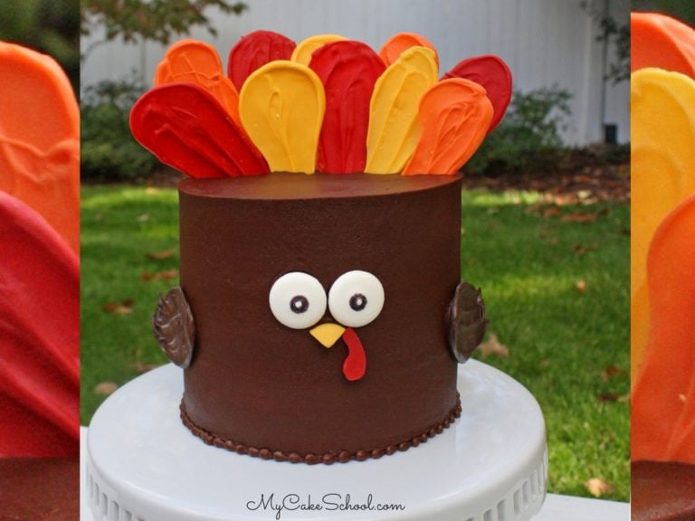 Cute and Easy Turkey Cake! Free Video Tutorial by MyCakeSchool.com. This would be perfect for Thanksgiving gatherings!