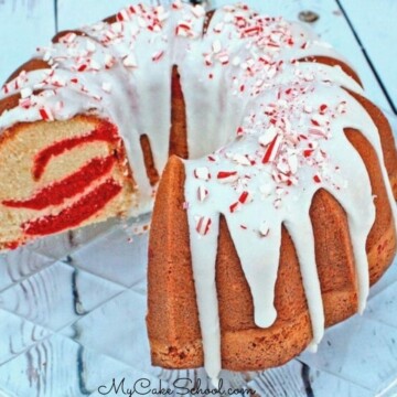 Moist and delicious Red Velvet Marble Pound Cake with Peppermint Glaze- Perfect for Christmas gatherings!