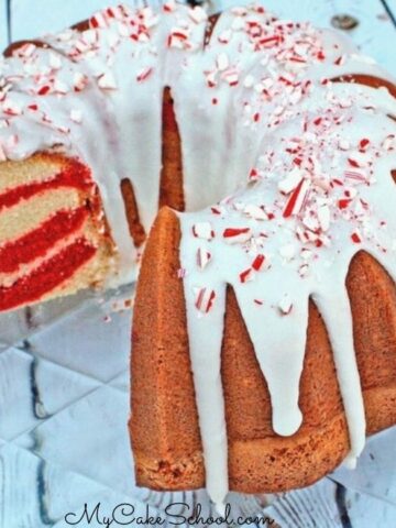 Moist and delicious Red Velvet Marble Pound Cake with Peppermint Glaze- Perfect for Christmas gatherings!
