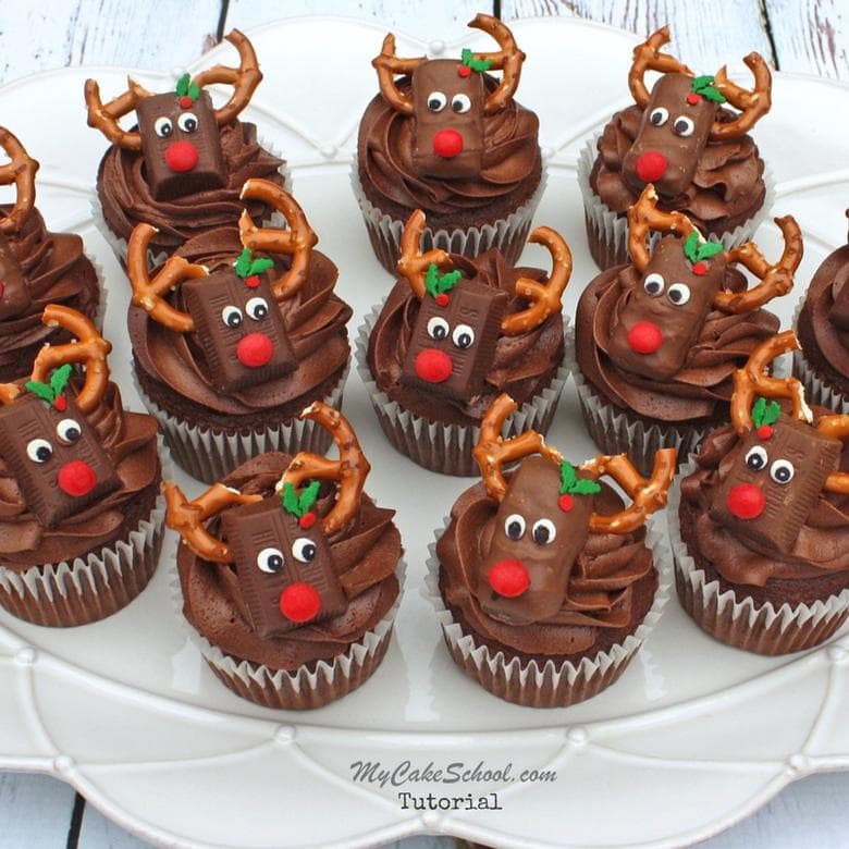 CUTE and Easy Reindeer Cupcake Tutorial by MyCakeSchool.com! These adorable Reindeer Candy Bar Cupcakes are perfect for Christmas parties and class parties! 