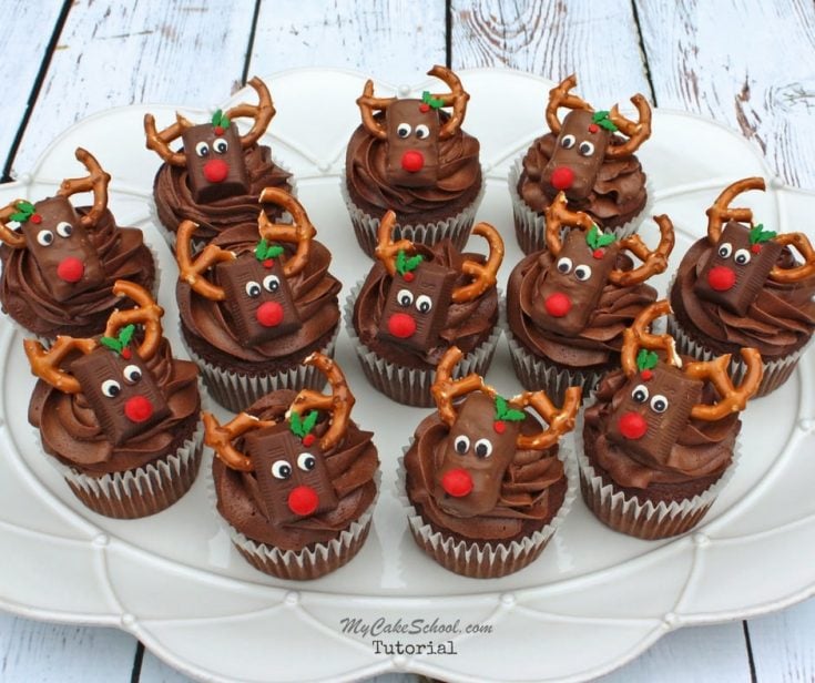 CUTE Reindeer Candy Bar Cupcakes! Learn to make them in our free video tutorial! Perfect for Christmas parties, and easy enough for kids to help!