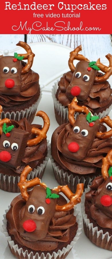 Free Cupcake Tutorial! Learn to make these adorable Reindeer Candy Bar Cupcakes in this MyCakeSchool.com video tutorial! These Reindeer cupcakes would be PERFECT for Christmas parties!