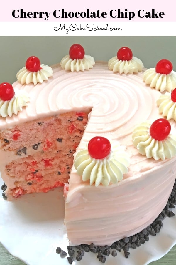 This Cherry Chocolate Chip Cake recipe is the best! Such a moist and flavorful layer cake, with cherry cream cheese frosting! Delicious Cherry Chocolate Chip Layer Cake recipe