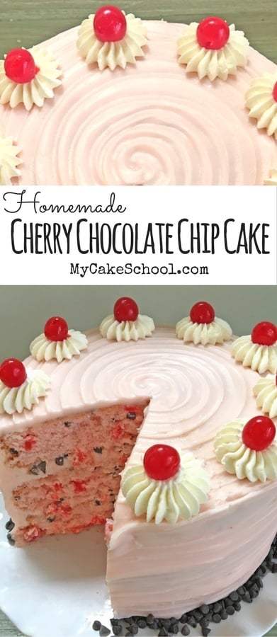 Cherry Chocolate Chip Cake Recipe by MyCakeSchool.com! A flavorful combination of maraschino cherries and chocolate, with Cherry Cream Cheese frosting! #cherry #chocolatechip #cherrychocolatechip #cake