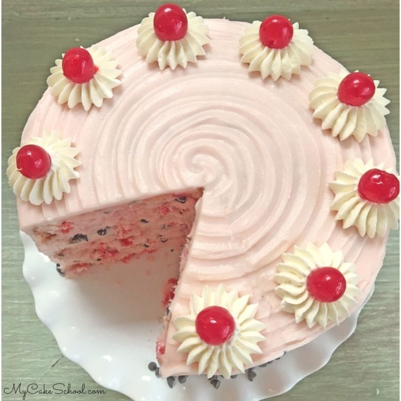 Moist and Delicious Cherry Chocolate Chip Cake with Cherry Cream Cheese Frosting! Scratch recipe by MyCakeSchool.com. SO good!