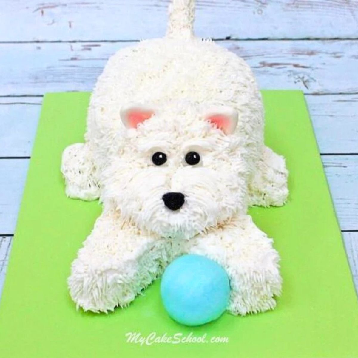 Finished Puppy Cake with white buttercream fur and blue fondant ball.