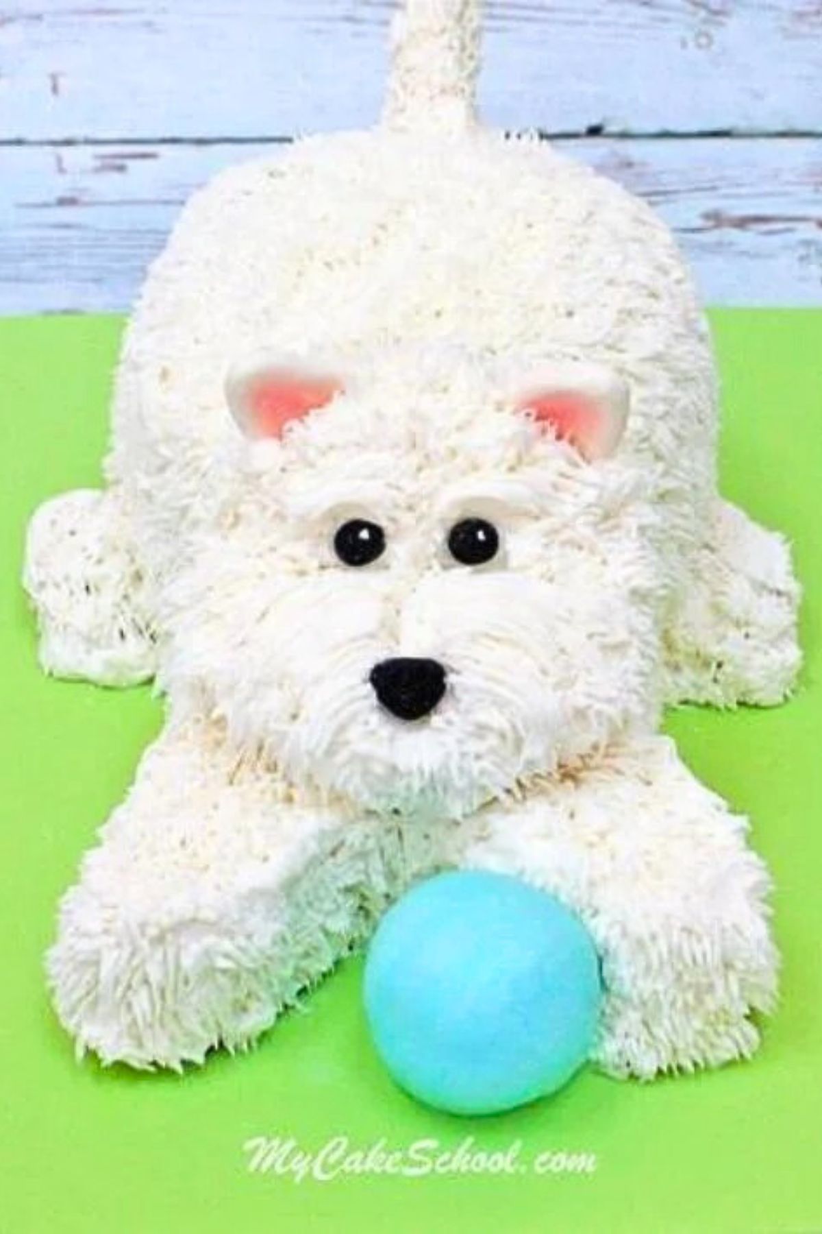 Fluffy Puppy Cake, white buttercream fur and blue fondant ball.