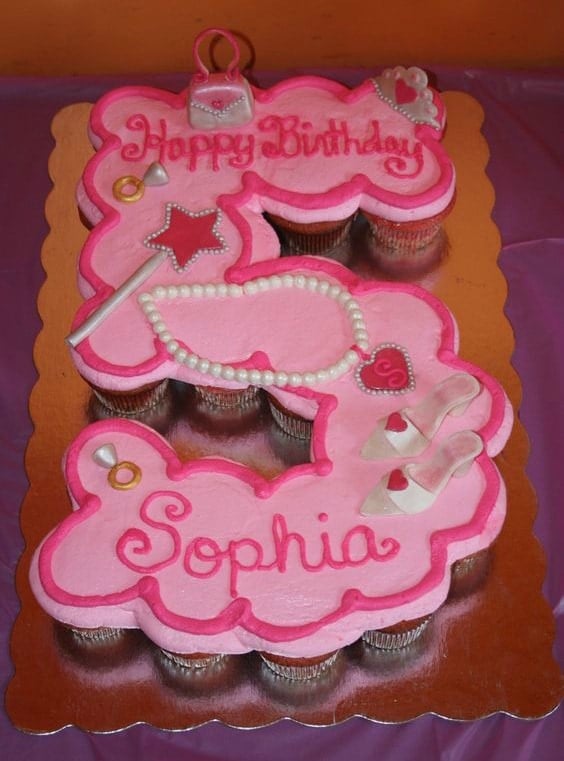 Princess Cupcake Cake for 5th Birthday (featured in MyCakeSchool.com's roundup of Cupcake Cake Design Ideas)