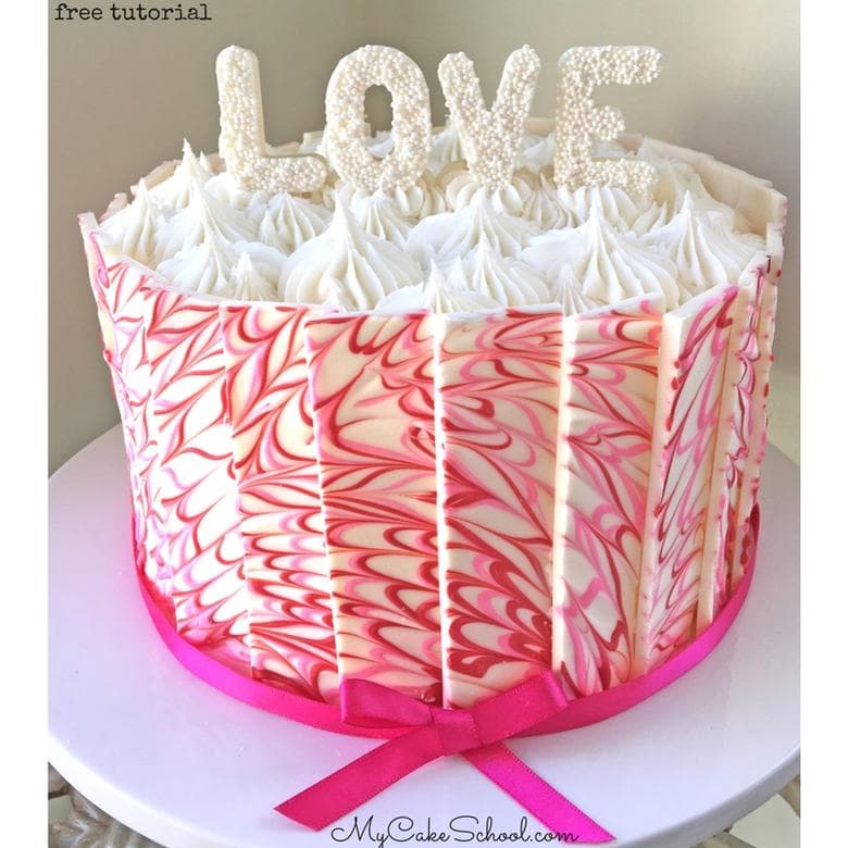 How to Make a Marbled Chocolate Panel Cake- Free Cake Video Tutorial by MyCakeSchool.com! This cake design is great for Valentine's Day or anniversary cakes, and the technique can be used for cakes of all occasions! 