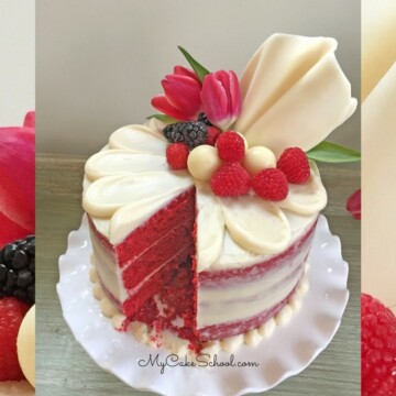 Red Velvet Semi-Naked Cake on a pedestal, topped with a chocolate sail, berries, and tulips!