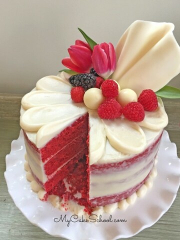 Red Velvet Semi-Naked Cake on a pedestal, topped with a chocolate sail, berries, and tulips!