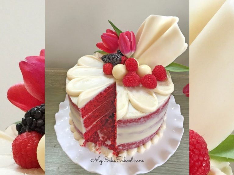 Red Velvet Semi-Naked Cake on a pedestal, topped with a chocolate sail, berries, and tulips!