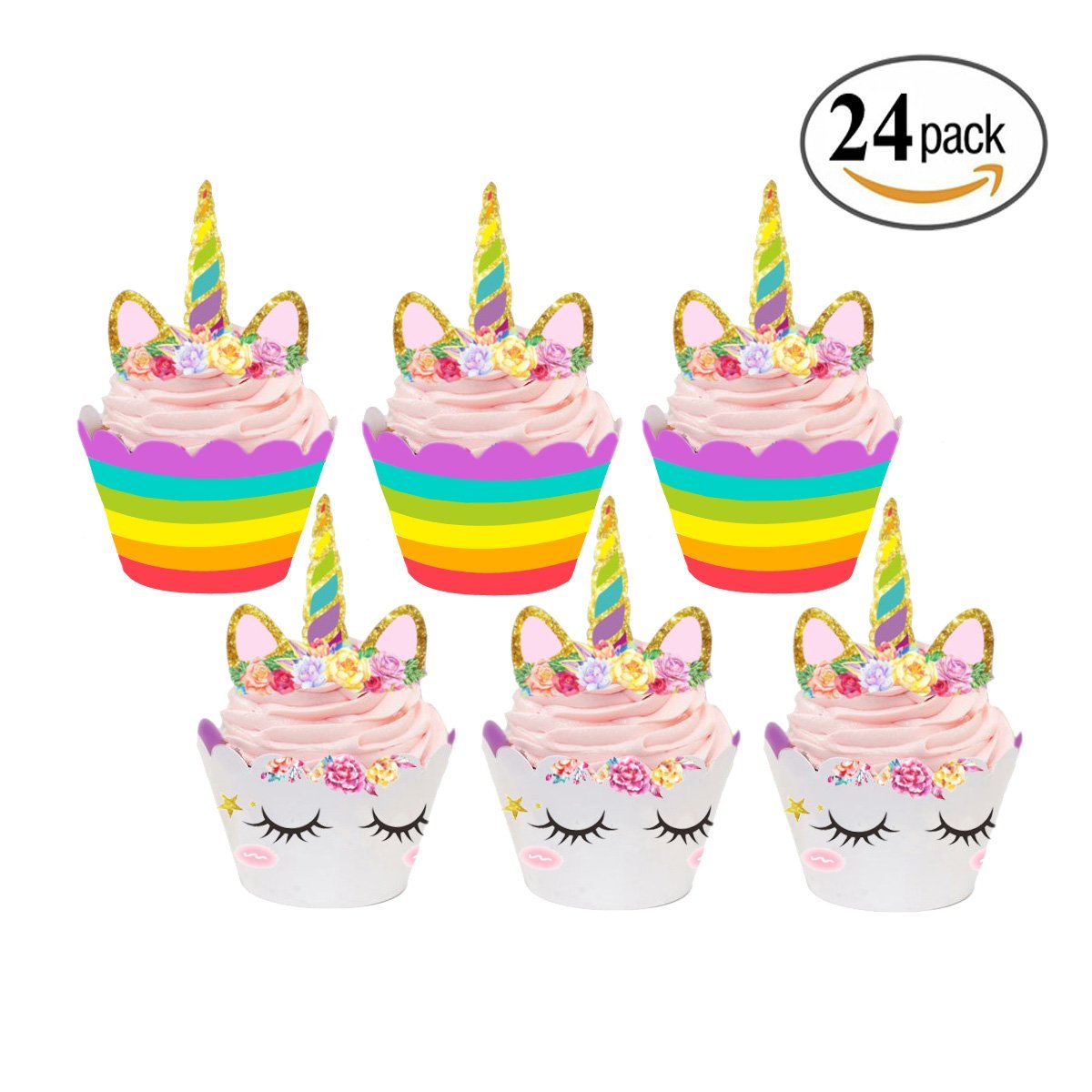 56 pcs Unicorn Cake Topper Eyelashes and flowers Set for Kids Party Decoration By FZR Legend Birthday Party Supplies with Reusable Cupcake Backing Liners Unicorn Cupcake Toppers and Wrappers
