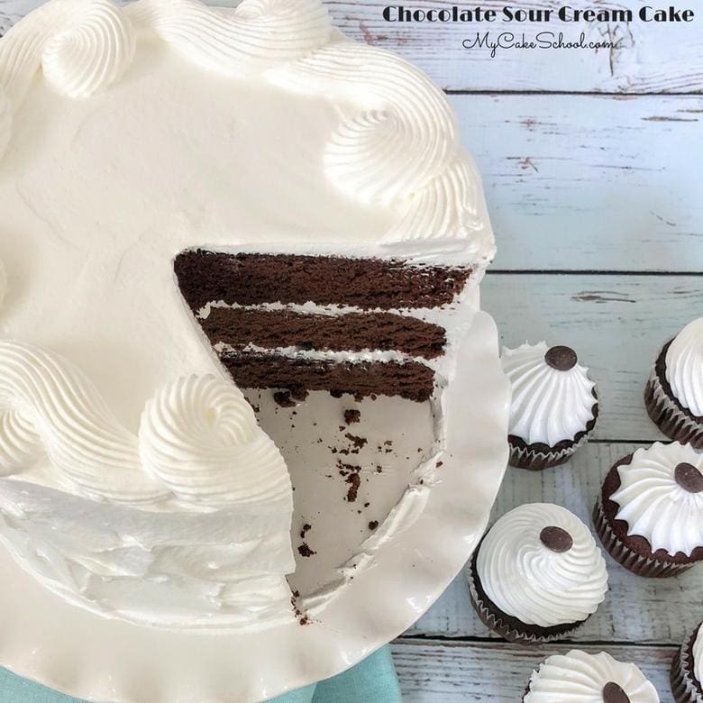 This Chocolate Sour Cream Cake recipe is decadent, ultra moist, and works perfectly for both cakes and cupcakes! It's an all around amazing chocolate cake recipe! 