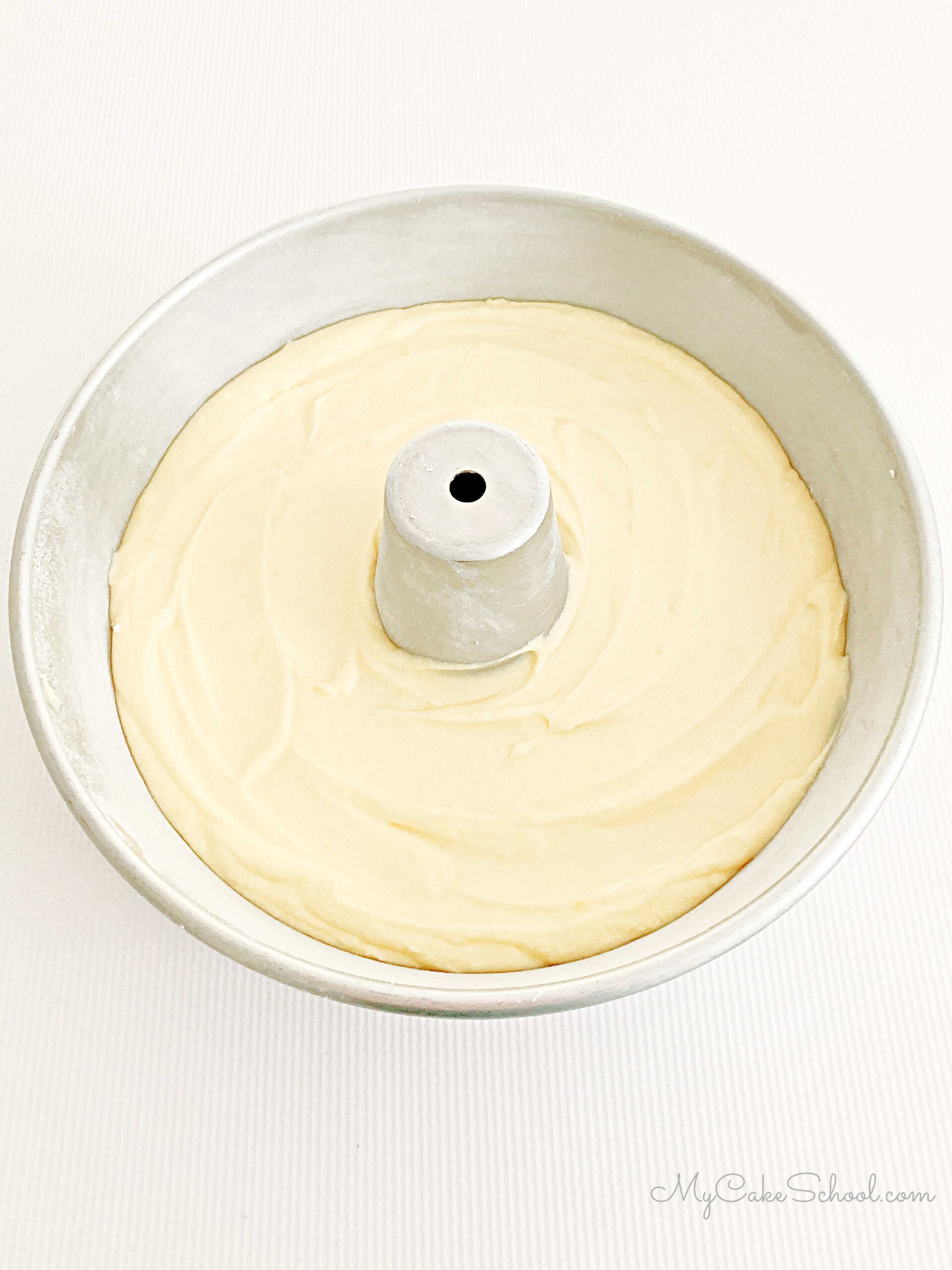 Lemon Pound Cake Batter in tube pan.