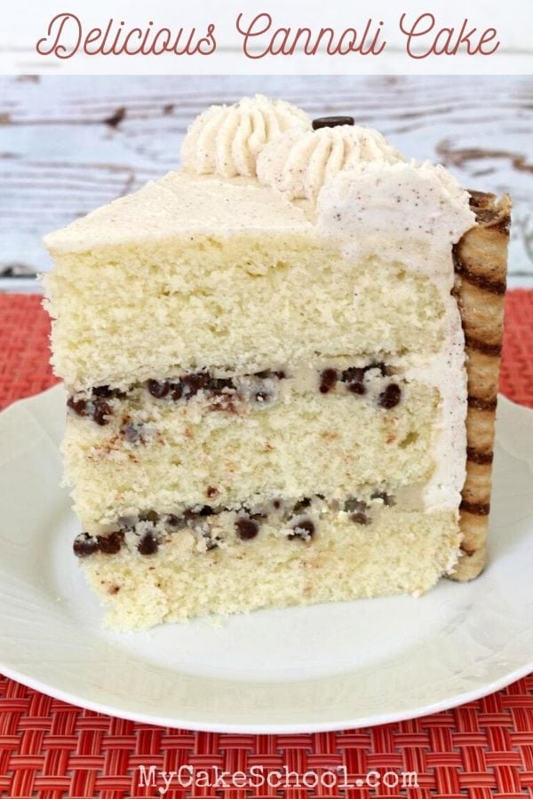 This homemade Cannoli Cake Recipe is so moist and flavorful with Vanilla Cake Layers, Chocolate Chip Mascarpone Filling, and Cinnamon Whipped Cream!