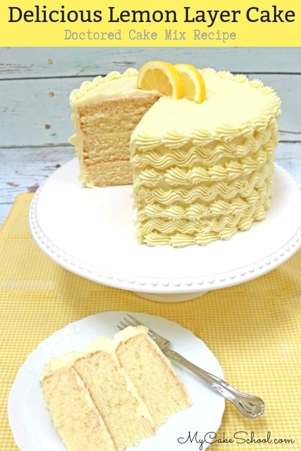 This Lemon Layer Cake is the BEST! So moist and delicious, and very simple to make! Nobody would guess that it all starts with a cake mix! Lemon cake mix recipe, sliced, on a cake pedestal.