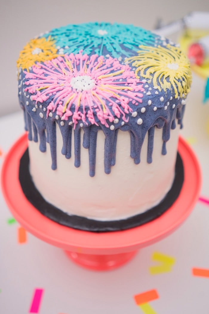 Love this CUTE New Year's Eve cake with fireworks as featured on Kara's Party Ideas from My Cake School's roundup of favorite New Year's Cakes!