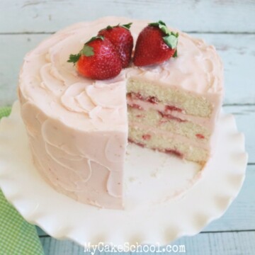 This Champagne and Strawberries Cake by MyCakeSchool.com is SO moist and delicious- it is the perfect special occasion cake!