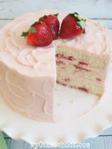 This Champagne and Strawberries Cake by MyCakeSchool.com is SO moist and delicious- it is the perfect special occasion cake!