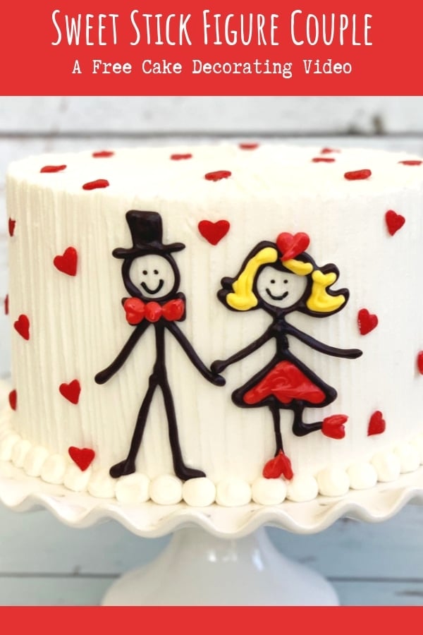 Cute and Easy Stick Figure Couple- A Free Cake Tutorial by MyCakeSchool.com! This is the perfect anniversary cake, Valentine's Day cake, and more! Sweet Stick Figure Couple- A sweet cake decorating video tutorial