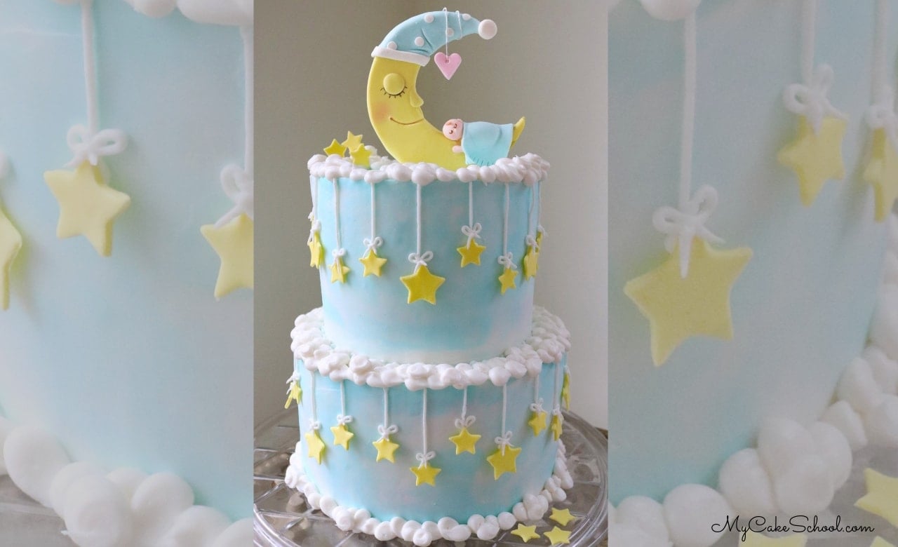 Learn how to make this adorable Baby and Moon Cake Tutorial by MyCakeSchool.com, featuring a moon and stars as well as a CUTE cake topper!
