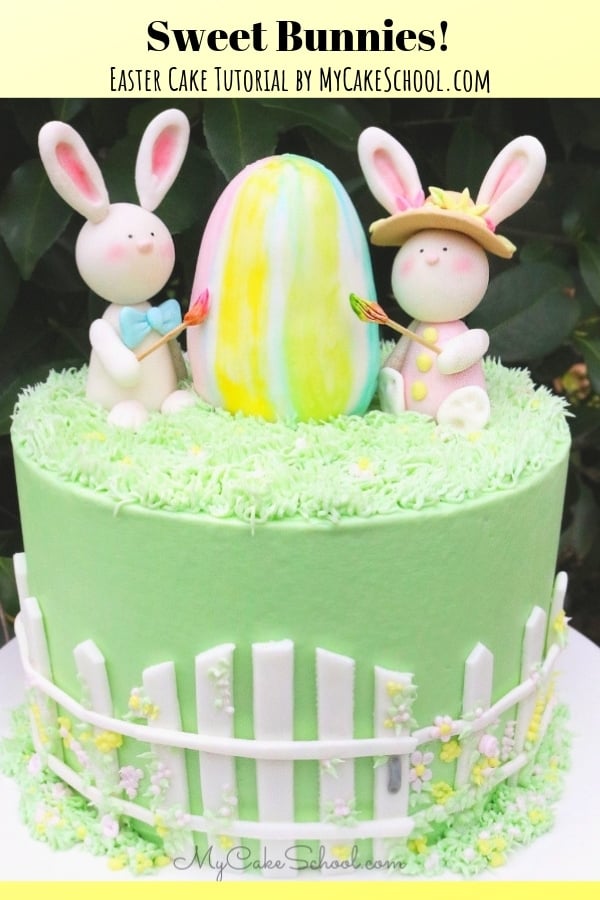 Learn how to make this adorable Easter Cake featuring sweet modeled bunnies and a picket fence around the sides! From MyCakeSchool.com's member cake video tutorial section, perfect for Easter parties! Sweet Bunnies! Easter Cake Video Tutorial by MyCakeSchool.com