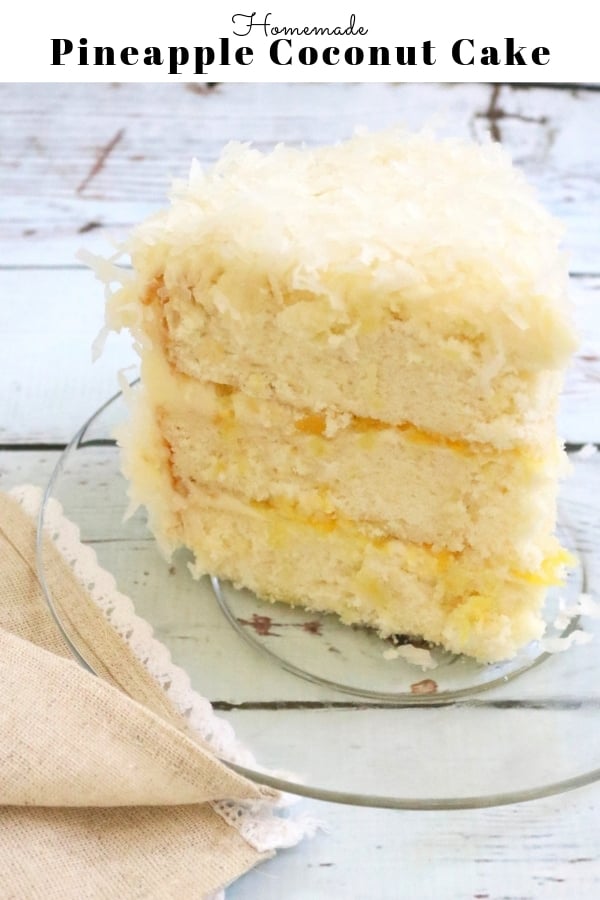 This Pineapple Coconut Cake is SO moist and delicious, with pineapple cake layers, pineapple filling, and coconut cream cheese frosting! Pineapple Coconut Cake Recipe