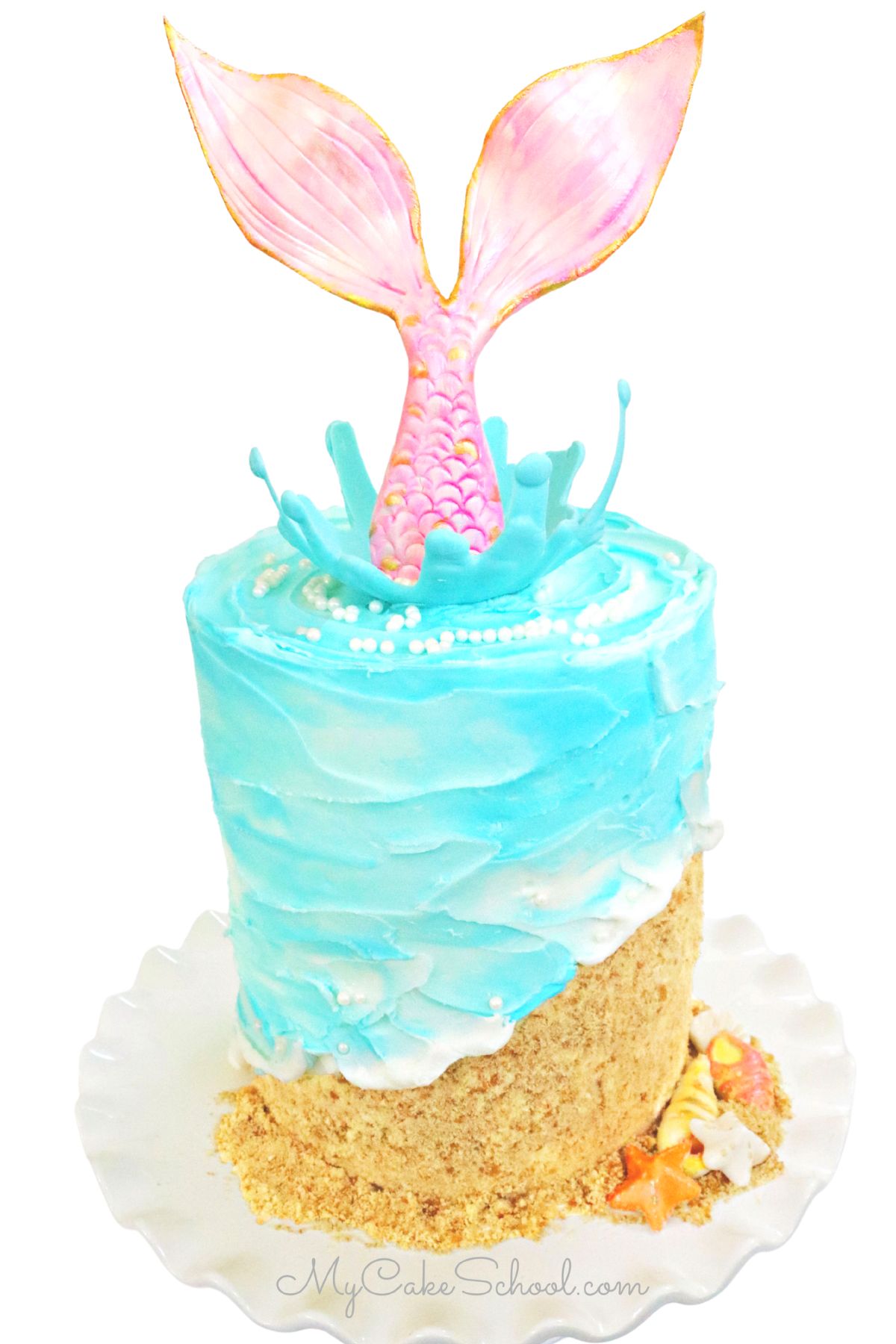 Mermaid Cake, featuring a mermaid tail cake topper in fondant, resting on white pedestal.