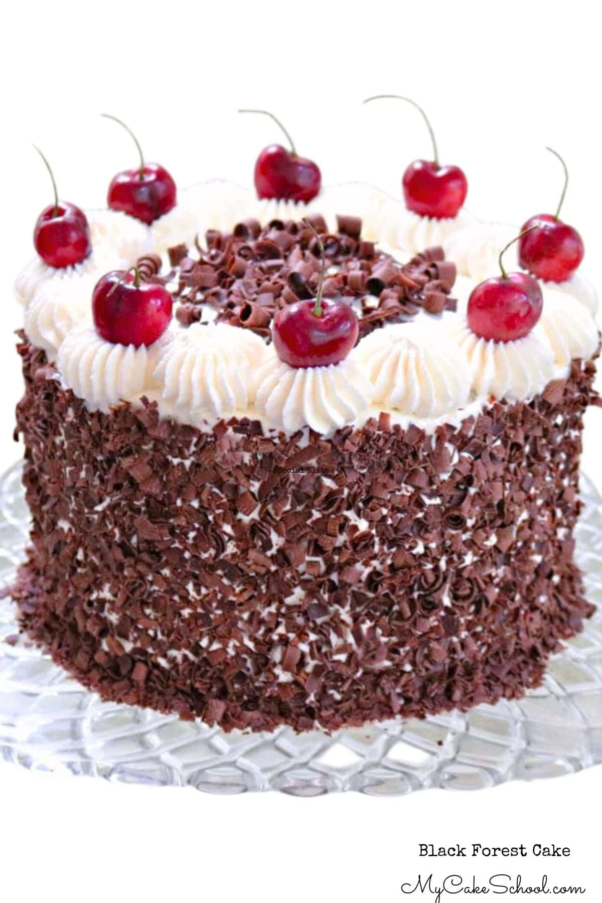 Black Forest Cake on a glass pedestal, topped with whipped cream and cherries, and covered with chocolate shavings.