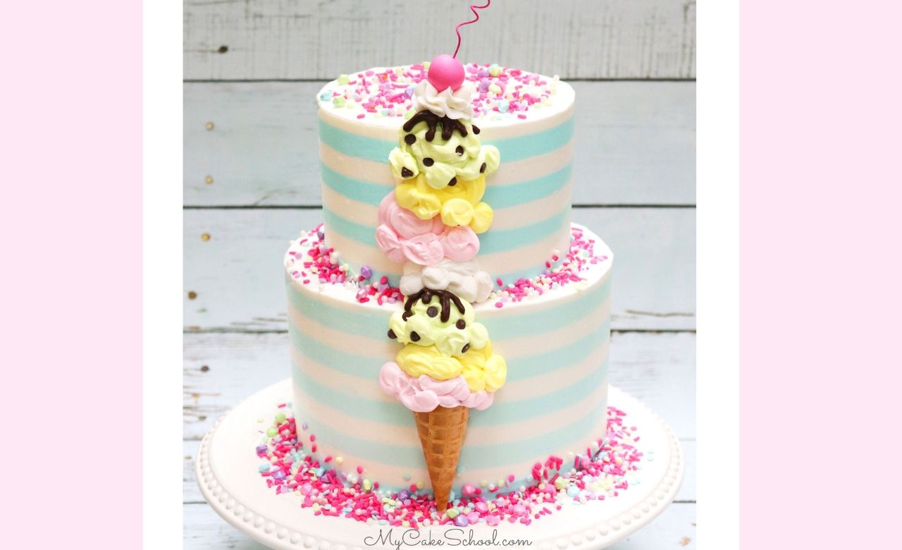 How to Make an Ice Cream Cone Cake- Free Cake Tutorial! This sweet ice cream themed cake is perfect for ice cream parties, summer birthdays, kids birthdays, or for the ice cream lovers in your life! 